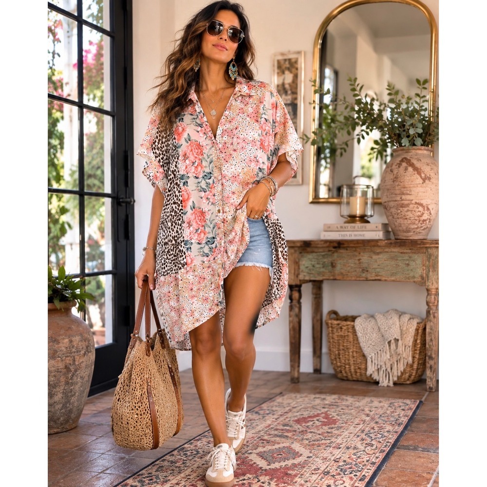 Umgee USA Floral Leopard Patchwork Button Down Tunic Top Peach Tan Large A6434